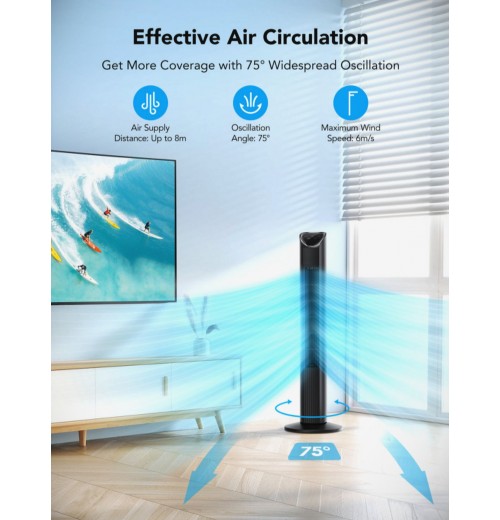 Black Smart Tower Fan with Wi-Fi App Control for Convenient Cooling